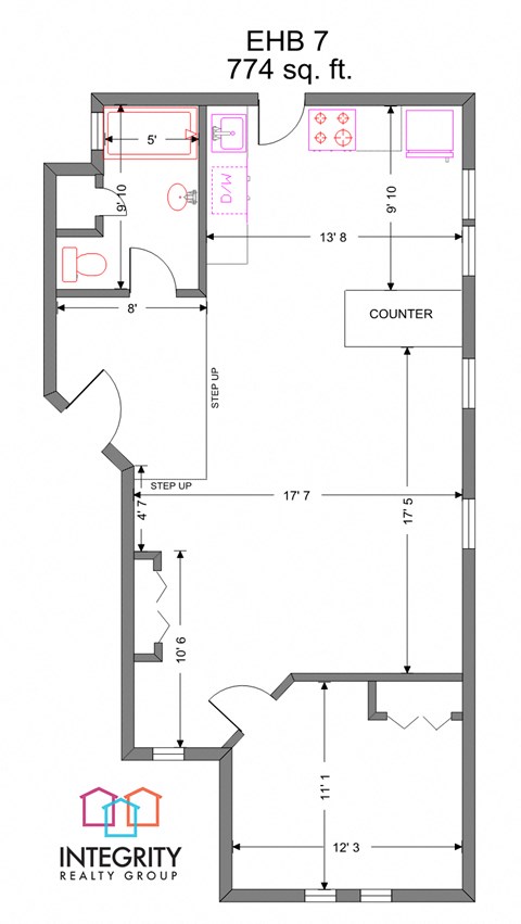 Floor plan for 1 bed, 1 bath, 774 sqft